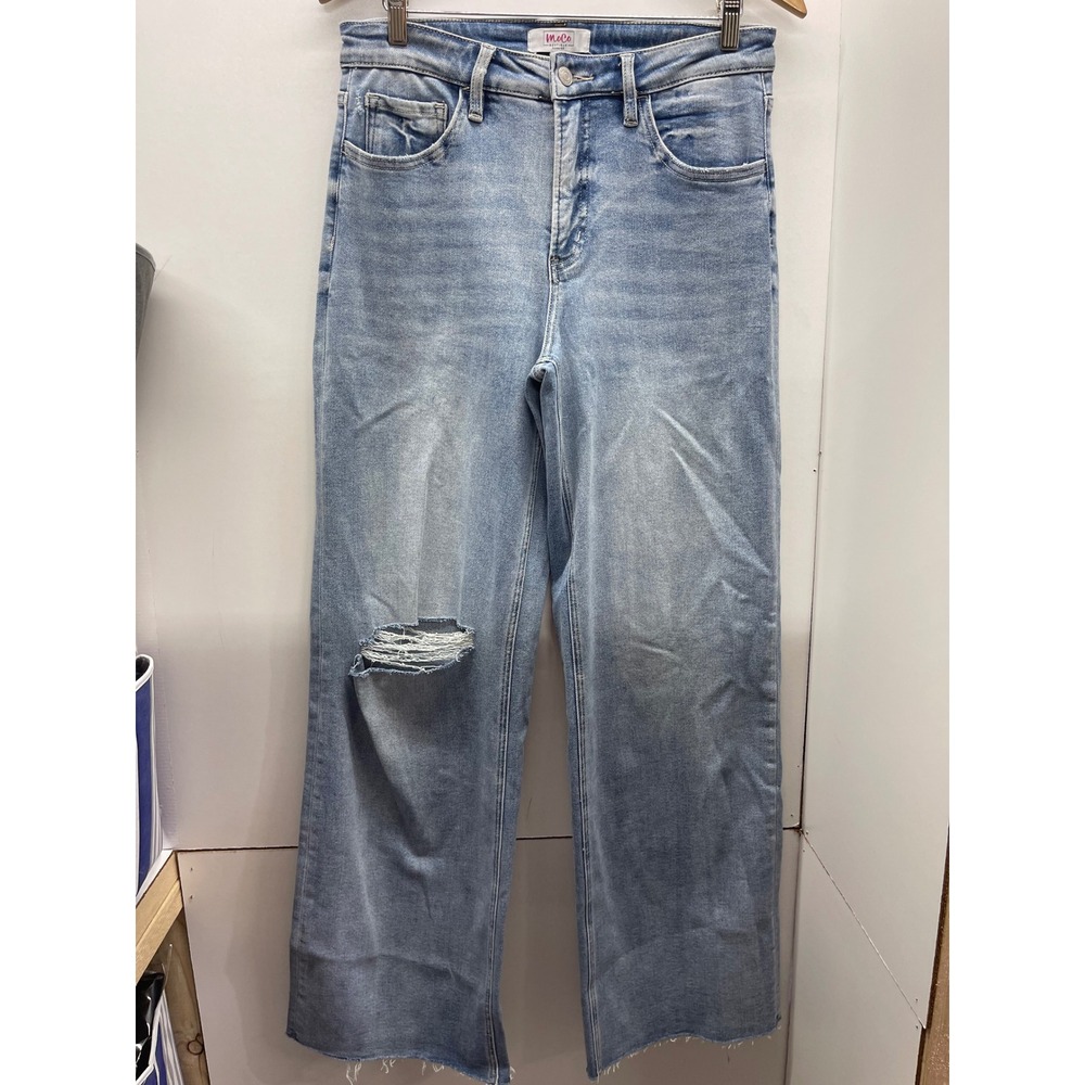 MoCo Boutique Light Wash Wide Leg Distressed Raw Hem Jeans Size 31/13